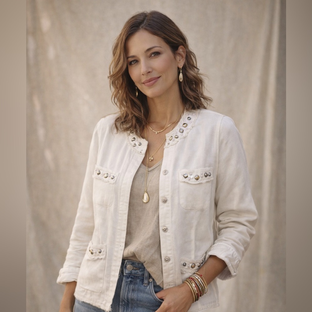Ruby Rd. Embellished Linen Blend Jacket Women’s 16 White Beige Boho Chic Casual - Picture 3 of 7